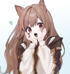  1girl animal_ears arknights blush brown_hair ceobe_(arknights) dog_ears fangs hands_on_own_cheeks hands_on_own_face heart highres long_hair long_sleeves looking_at_viewer open_mouth red_eyes simple_background solo upper_body very_long_hair white_background 