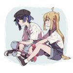  2girls ahoge black_footwear black_headwear blonde_hair blue_hair blue_pants blue_shorts blush bocchi_the_rock! cabbie_hat closed_eyes closed_mouth hat ijichi_nijika long_hair multiple_girls one_side_up open_mouth pants ree_(re-19) shirt shoes short_hair short_sleeves shorts smile socks white_shirt white_socks yamada_ryo yellow_eyes 