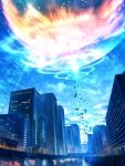  absurdres blue_sky building canal city clouds commentary_request day debris explosion fantasy highres no_humans original outdoors scenery sky smile_(qd4nsvik) water 