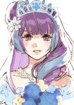  1girl blue_dress blue_flower blue_hair bouquet dress english_commentary flower hair_bun hair_flower hair_ornament holding holding_bouquet looking_at_viewer macross macross_delta mikumo_guynemer multicolored_hair nekkikamille parted_lips portrait purple_hair single_hair_bun sketch solo straight-on streaked_hair tiara violet_eyes white_background yellow_flower 