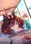  1girl animal animal_ears animal_on_head brown_eyes brown_hair cat cat_on_head commentary cream_soda ear_covers hat highres horse_ears horse_girl long_sleeves medium_hair mixed-language_commentary murasaki_himuro nice_nature_(umamusume) on_head redhead solo straw_hat twintails two_side_up umamusume 