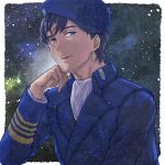  1boy aduma beret blue_eyes collared_jacket free_planets_alliance ginga_eiyuu_densetsu hand_on_own_chin hat highres military_uniform night night_sky sky star_(sky) uniform yang_wen-li 