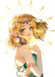  1girl armlet artist_name blush braid breasts cat_princess circlet crown_braid dangle_earrings dress earrings green_eyes jewelry looking_at_viewer medium_breasts medium_hair open_mouth parted_bangs pointy_ears princess_zelda smile solo strapless strapless_dress the_legend_of_zelda the_legend_of_zelda:_tears_of_the_kingdom thick_eyebrows upper_body white_dress 