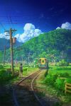  1girl backpack bag black_hair black_skirt blue_sky clouds cyclecircle day from_behind highres kneehighs original outdoors pleated_skirt power_lines railroad_tracks scenery short_hair skirt sky socks solo train tree white_socks 