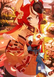  1girl absurdres animal_ear_fluff animal_ears architecture black_hair blue_bow blue_eyes bow breasts cherry_blossoms day detached_sleeves east_asian_architecture falling_petals floral_print flower hair_bun hair_flower hair_ornament hakos_baelz hakos_baelz_(2nd_costume) highres holding holding_flower hololive hololive_english japanese_clothes jiang_ye_kiri kimono large_breasts long_hair looking_at_viewer mask mask_on_head mouse_ears mouse_girl mouse_mask mouse_tail multicolored_clothes multicolored_hair multicolored_kimono multicolored_sleeves obi outdoors petals pink_flower print_kimono redhead sash smile solo streaked_hair sunlight tail tree virtual_youtuber white_flower white_hair 