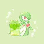  1girl arm_at_side bob_cut bubble chibi colored_skin commentary crescent cup drink drinking_glass flat_chest food food_focus fruit full_body gardevoir grapes green_background green_hair green_skin green_theme hair_over_one_eye ice ice_cube kinakomochi_(monsteromochi) multicolored_skin no_mouth one_eye_covered pokemon pokemon_(creature) red_eyes short_hair simple_background solo sparkle standing star_(symbol) two-tone_skin white_skin 