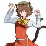  1girl absurdres bow bowtie brown_eyes brown_hair cat cat_girl cat_tail chen fingernails green_headwear highres jacket long_sleeves mesuosushi multiple_tails red_jacket red_nails red_skirt sharp_fingernails shirt short_hair skirt smile solo tail touhou white_background white_shirt yellow_bow yellow_bowtie 
