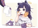  1girl aged_down animal_ears blue_eyes blush brushing_teeth child cup halo hand_up holding holding_cup holding_towel hololive hololive_english long_hair messy_hair ninomae_ina&#039;nis off_shoulder purple_hair shirt single_bare_shoulder smile takodachi_(ninomae_ina&#039;nis) tentacle_hair tentacles toothbrush toothbrush_in_mouth towel water white_shirt wide_sleeves yuuyu_(777) 