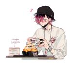  1boy black_headwear bowl bracelet bucket_hat cellphone closed_mouth food hat holding holding_phone ice_cream jewelry male_focus mask_pull necklace nijisanji nijisanji_en phone sapphire_(nine) simple_background smartphone smile solo sweater upper_body ver_vermillion virtual_youtuber white_background white_sweater 