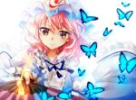  1girl blue_headwear bug butterfly closed_mouth commentary_request folding_fan hand_fan hat holding holding_fan looking_at_viewer mob_cap nagare pink_hair saigyouji_yuyuko simple_background solo touhou triangular_headpiece upper_body white_background 