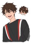 1boy blush brown_eyes brown_hair chinese_commentary commentary_request ensemble_stars! facing_viewer hair_between_eyes long_sleeves looking_at_viewer male_focus morisawa_chiaki naihowda one_eye_closed open_mouth short_hair simple_background star_(symbol) teeth upper_body upper_teeth_only white_background 
