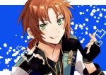  1boy black_gloves commentary_request ensemble_stars! finger_heart fingerless_gloves fingernails gloves green_eyes heart long_hair long_sleeves looking_at_viewer male_focus nago_0313 orange_hair solo tongue tongue_out tsukinaga_leo upper_body 