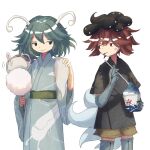  2others :q alternate_costume androgynous anger_vein animal_on_shoulder antennae azuma_kaisen black_headwear blue_eyes blue_gloves blue_hair blue_kimono blue_thighhighs blue_tongue brown_shorts closed_mouth colored_tongue commentary_request cotton_candy cup elbow_gloves food gloves green_sash grey_shirt guwara_mudafu highres holding holding_cup holding_food holding_spoon japanese_clothes kesa_kujiru kimono len&#039;en long_sleeves looking_at_another motion_lines multiple_others multiple_tails no_headwear petting red_eyes redhead sash shaved_ice shirt short_hair short_sleeves shorts slug slug_print smirk spoon tadpole_hat tadpole_tail tail thigh-highs tongue tongue_out v-shaped_eyebrows white_background wide_sleeves 