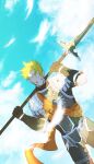  1boy achilles_(fate) armor blue_sky closed_eyes fate/grand_order fate_(series) gauntlets grin holding holding_polearm holding_weapon macha@meshi male_focus orange_sash polearm short_hair shoulder_armor sky smile solo weapon 