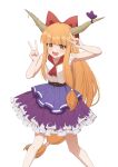  1girl absurdres blush bow double_v fang feet_out_of_frame hair_bow highres horn_ornament horn_ribbon horns ibuki_suika long_hair oeyama oni_horns open_mouth orange_eyes orange_hair print_skirt purple_ribbon purple_skirt red_bow ribbon shirt simple_background skin_fang skirt smile solo touhou v white_background white_shirt 