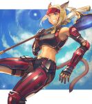  1girl animal_ear_fluff animal_ears arm_guards armor avatar_(ff11) axe bare_shoulders battle_axe black_armor black_gloves blonde_hair blue_eyes blue_sky boobplate breastplate breasts brown_tail cactus41747280 cat_ears cat_girl cat_tail clouds dark-skinned_female dark_skin fang final_fantasy final_fantasy_xi fingerless_gloves forehead_protector gloves grin highres holding holding_axe medium_breasts midriff mithra_(ff11) navel over_shoulder red_armor short_hair short_ponytail sky smile solo tail teeth warrior_(final_fantasy) weapon weapon_over_shoulder 