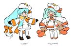  1girl :d aqua_hair black_footwear character_request english_commentary full_body fur_trim gradient_hair hat hatsune_miku long_hair long_sleeves looking_at_viewer multicolored_hair multiple_views open_mouth orange_footwear rice_deity sharp_teeth simple_background sleeves_past_fingers sleeves_past_wrists smile standing teeth twintails variations vocaloid white_background white_headwear yuki_miku 