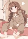  1girl ahoge alternate_costume barefoot blunt_bangs brown_jumpsuit couch curtains full_body heart huge_ahoge jumpsuit kantai_collection kuma_(kancolle) looking_at_viewer monochrome nassukun sepia sitting smile solo window 