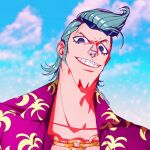  1boy artist_name black_eyes blue_hair blue_sky chain_necklace clouds cloudy_sky eyewear_on_head franky_(one_piece) grin hawaiian_shirt highres jewelry looking_at_viewer male_focus mygiorni necklace one_piece open_clothes outdoors shirt short_hair sideburns sky smile solo sunglasses teeth 