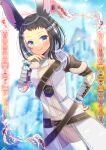  1girl animal_ear_fluff animal_ears black_hair blue_eyes blurry blurry_background brown_dress building closed_mouth commentary_request depth_of_field dress forehead green_eyes grey_hair grey_jacket hand_on_own_hip hand_up heterochromia indie_virtual_youtuber jacket kou_hiyoyo looking_at_viewer multicolored_hair pantyhose rellimtime smile solo standing two-tone_hair virtual_youtuber white_pantyhose 