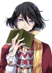  1boy black_hair book cape collared_cape conway_tau hair_between_eyes hand_jewel holding holding_book kirimi_maguro light_smile looking_at_viewer male_focus open_book portrait red_cape short_hair smile solo tales_of_(series) tales_of_innocence tales_of_innocence_r violet_eyes white_background 