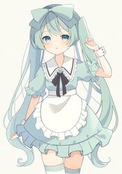  1girl absurdres alice_(alice_in_wonderland) alice_(alice_in_wonderland)_(cosplay) apron blue_eyes blue_hair blush bow collared_dress commentary cosplay cowboy_shot dress frilled_apron frilled_shirt_collar frills hair_bow hand_up hatsune_miku highres long_hair neck_ribbon parted_lips ribbon short_sleeves solo thigh-highs twintails very_long_hair vocaloid waist_apron wrist_cuffs yomiya_yumeha 