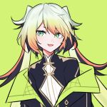  1other black_jacket blonde_hair commentary fangs gradient_hair green_background green_eyes green_hair jacket melissa_kinrenka multicolored_hair nijisanji open_clothes open_jacket open_mouth other_focus simple_background skin_fangs smile solo twintails waka_(wk4444) 
