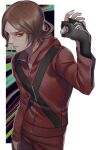  1boy brown_eyes brown_hair closed_mouth extra_hands furrowed_brow highres holding_hands jacket long_sleeves looking_to_the_side male_focus pants persona persona_2 pillarboxed red_jacket red_pants short_hair suou_tatsuya yuusya27 