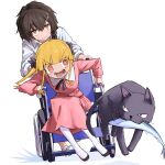  2girls black_bow black_cat blonde_hair blunt_bangs bow braid brown_hair cat character_request copyright_request dress fish hair_ornament hair_over_shoulder hairclip highres long_hair long_sleeves multiple_girls open_mouth orange_eyes pantyhose pink_dress shirt sidelocks simple_background single_braid sitting sweat twintails wheelchair white_background white_pantyhose white_shirt yachima_tana 