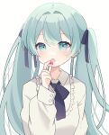  1girl absurdres blue_eyes blue_hair blush candy collared_shirt fang food frilled_shirt_collar frills hair_ribbon hatsune_miku highres holding holding_candy holding_food long_hair long_sleeves looking_at_viewer neck_ribbon open_mouth ribbon shirt skin_fang solo twintails upper_body vocaloid yomiya_yumeha 