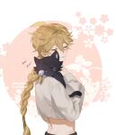  2boys aether_(genshin_impact) ahoge alternate_costume animal animal_ear_fluff animal_ears animal_nose animalization artist_name black_fur blonde_hair blush border braid cat cat_ears cat_tail closed_eyes closed_mouth eyeshadow floral_background flower genshin_impact gold_trim grey_shirt hair_between_eyes hair_ornament hand_up highres hug long_hair long_sleeves makeup male_focus multiple_boys open_mouth outside_border pink_background pom_pom_(clothes) puffy_long_sleeves puffy_sleeves red_eyeshadow satow_tewu scaramouche_(cat)_(genshin_impact) scaramouche_(genshin_impact) shirt smile sparkle tail white_border 