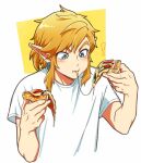  ! 1boy blonde_hair blue_eyes blush border earrings eating food food_in_mouth furrowed_brow holding holding_food holding_pizza jewelry link low_ponytail male_focus medium_hair pizza pizza_slice pointy_ears shirt short_sleeves sidelocks solo t-shirt the_legend_of_zelda the_legend_of_zelda:_breath_of_the_wild the_legend_of_zelda:_tears_of_the_kingdom tnp upper_body white_border white_shirt yellow_background 