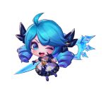  1girl ;d ahoge black_bow black_dress black_gloves blue_eyes bow chibi dress drill_hair frilled_dress frills gloves green_hair gwen_(league_of_legends) hair_bow highres holding holding_scissors league_of_legends multicolored_pantyhose muouji_clay one_eye_closed pantyhose puffy_short_sleeves puffy_sleeves scissors short_sleeves simple_background smile solo striped striped_pantyhose twin_drills twintails v white_background white_dress 