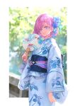  1girl alternate_costume blue_flower blue_kimono closed_mouth commentary_request fate/grand_order fate_(series) floral_print flower hair_flower hair_ornament hair_over_one_eye hand_fan harupy highres holding holding_fan japanese_clothes kimono light_purple_hair lips looking_at_viewer mash_kyrielight obi pink_lips print_kimono sash smile solo swept_bangs violet_eyes wide_sleeves yukata 