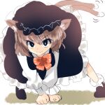  1girl alternate_color animal_ears black_footwear black_headwear bow bowtie brown_hair cat_ears cat_tail chen closed_mouth hat long_sleeves looking_at_viewer mob_cap multiple_tails nagare nekomata red_bow red_bowtie short_hair smile solo tail touhou two_tails v-shaped_eyebrows 