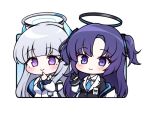  2girls black_jacket blue_archive blue_necktie grey_hair halo jacket looking_at_viewer lowres multiple_girls necktie noa_(blue_archive) purple_hair shirt simple_background violet_eyes white_background white_jacket white_shirt yukki_bunny yuuka_(blue_archive) 