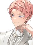  11942tm 1boy absurdres closed_mouth commentary_request ensemble_stars! hand_up highres itsuki_shu jacket korean_commentary long_sleeves looking_to_the_side male_focus pink_hair portrait short_bangs short_hair simple_background solo violet_eyes white_background white_jacket 