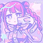  1girl :o blush bow braid candy_print cellphone choker commentary_request commission denonbu double_bun hair_bow hair_bun hand_up holding holding_phone hood hoodie inubousaki_shian long_hair long_sleeves looking_at_viewer open_mouth pastel_colors phone pill_print pink_hair purple_hoodie second-party_source skeb_commission smartphone solo star_(symbol) twin_braids upper_body violet_eyes yazawa_mametarou 