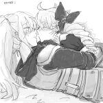  2girls ahoge alternate_size armor blush bow closed_eyes drill_hair from_side greyscale gwen_(league_of_legends) hair_bow highres league_of_legends long_sleeves monochrome multiple_girls poppy_(league_of_legends) shoulder_plates sweatdrop translation_request twin_drills twintails xayahsona_27 yuri 