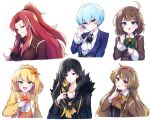  6+girls ahoge angela_(project_moon) binah_(project_moon) black_coat black_dress black_eyes black_hair black_sailor_collar blue_coat bow bowtie breasts brown_bow brown_bowtie brown_eyes brown_hair coat cup dress frilled_sleeves frills gebura_(project_moon) green_bow green_bowtie half_updo hand_up hod_(project_moon) holding holding_cup index_finger_raised large_breasts library_of_ruina long_hair long_sleeves looking_at_viewer malkuth_(project_moon) mikoto0x0 multiple_girls open_mouth orange_bow orange_bowtie orange_vest project_moon red_coat redhead sailor_collar sidelocks simple_background teacup tiphereth_a_(project_moon) very_long_hair vest white_background yellow_coat 