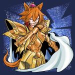  1girl animal_ears armor blue_background breastplate cape closed_eyes cosplay crown flower gauntlets hair_between_eyes hand_up highres horse_ears horse_girl horse_tail mini_crown mouth_hold orange_hair pisces_aphrodite pisces_aphrodite_(cosplay) popopopopo_0101 rose saint_seiya short_hair shoulder_armor solo t.m._opera_o_(umamusume) tail umamusume white_cape 