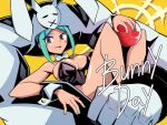 1girl ball bare_shoulders breasts cerebella_(skullgirls) clenched_hands detached_collar english_text green_hair grey_hair highres holding holding_ball leotard looking_at_viewer pechamaju playboy_bunny skullgirls smile solo strapless strapless_leotard