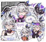  1girl black_gloves blush burger chewing_gum closed_eyes closed_mouth eating emne english_commentary english_text fingerless_gloves food gloves grey_eyes grey_hair handheld_game_console heart highres honkai:_star_rail honkai_(series) multicolored_hair nintendo_switch ponytail shirt silver_wolf_(honkai:_star_rail) simple_background streaked_hair sweatdrop upper_body white_shirt 