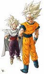  2boys blonde_hair cape dragon_ball dragon_ball_z facing_away facing_viewer father_and_son full_body green_eyes highres jumpsuit kakeru_(dbskakeru) looking_at_viewer looking_back multiple_boys open_mouth orange_jumpsuit purple_jumpsuit simple_background son_gohan son_goku spiky_hair super_saiyan super_saiyan_1 toriyama_akira_(style) white_background white_cape white_hair 