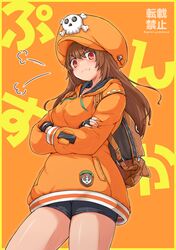  1girl anchor_symbol backpack bag bare_shoulders belt bike_shorts black_gloves blush brown_eyes brown_hair cabbie_hat closed_mouth crossed_arms fingerless_gloves gloves gottsu guilty_gear guilty_gear_strive hair_between_eyes hat highres long_hair looking_at_viewer may_(guilty_gear) orange_background pout shorts simple_background skull_and_crossbones solo thighs v-shaped_eyebrows 