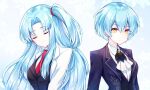  2girls angela_(project_moon) ascot black_vest blue_coat blue_hair breasts closed_eyes closed_mouth coat collared_shirt dual_persona lab_coat large_breasts library_of_ruina lobotomy_corporation long_hair looking_at_viewer mikoto0x0 multiple_girls necktie one_side_up parted_bangs project_moon red_necktie shirt short_hair sidelocks simple_background smile upper_body very_long_hair vest white_ascot white_background white_coat white_shirt wing_collar yellow_eyes 