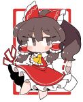  1girl ascot bare_shoulders barefoot blush bow brown_eyes brown_hair closed_mouth detached_sleeves frilled_skirt frills full_body hair_bow hair_tubes hakurei_reimu ini_(inunabe00) japanese_clothes long_hair nontraditional_miko red_bow red_skirt ribbon-trimmed_sleeves ribbon_trim sidelocks skirt solo touhou white_sleeves wide_sleeves yellow_ascot 