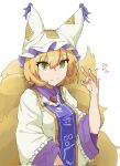  1girl blonde_hair breasts dress green_nails heart highres large_tail long_sleeves multiple_tails onionmay short_hair solo tail touhou white_background white_dress white_headwear yakumo_ran yellow_eyes 