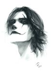  1boy 2019 absurdres alempe black_hair colored_skin dated english_commentary eric_draven facepaint fantasy glasgow_smile highres looking_at_viewer monochrome portrait signature sketch solo the_crow_(comic) the_crow_(film) upper_body white_skin 