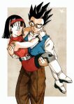  1boy 1girl belt black_hair black_pantyhose blue_eyes blue_vest boots brown_pants carrying dragon_ball dragon_ball_super dress glasses hairband highres husband_and_wife kakeru_(dbskakeru) pants pantyhose princess_carry red_dress red_hairband shirt short_hair simple_background sleeveless son_gohan spiky_hair toriyama_akira_(style) vest videl white_belt white_footwear white_shirt 